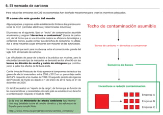 .
.
El comercio más grande del mundo
A lg unos países y reg iones está n estableciendo límites a los g randes emi-
sores de CO 2 ( centrales eléctricas y determinadas industrias) .
El proceso es el sig uiente: f ijan un “ tech o” de contaminación asumible
anualmente y asig nan “derechos a contaminar” ( bonos de carbo-
no) , de tal f orma que si una industria mejora su ef iciencia tecnológ ica y
contamina menos, puede vender sus derech os de contaminar no utiliza-
dos a otras industrias cuyas emisiones son mayores de las autorizadas.
H a nacido el que será para much os exp ertos el comercio má s g rande del
sig lo X X I : el mercado de carbono.
L as dif icultades de pasar de la teoría a la prá ctica son much as, pero la
ef ectividad de este tipo de mercados se demostró en los añ os 9 0 con los
bonos de dióxido de azufre y óxido de nitrógeno que contribu-
yeron a paliar los ef ectos de la lluvia á cida.
Con la f irma del Protocolo de K ioto aparece el compromiso de reducir los
g ases de ef ecto invernadero entre 2 0 0 8 y 2 0 1 2 en un porcentaje medio
del 5 , 2 % respecto a los niveles de 1 9 9 0 . El seg undo periodo de vig encia
del Protocolo de K yoto es desde el 1 de enero de 2 0 1 3 h asta el 3 1 de
diciembre de 2 0 2 0 .
En la UE se realizó un “ reparto de la carg a” , de f orma que en f unción de
las características y necesidades de cada pá is se estableció un derech o
a contaminación respecto el nivel de 1 9 9 0 .
6 . El m erc a d o d e c a rb ono
Para reducir las emisiones de CO 2 los economistas h an diseñ ado mecanismos para crear los incentivos adecuados.
Empresa A
Techo de contaminación asumible
Comercio de bonos
Bonos de carbono = derechos a contaminar
Incentivos a reducir contaminación
Empresa B
Empresa C
En la w eb del Ministerio de Medio Ambiente h ay inf orma-
ción muy detallada sobre el cambio climá tico y los esf uerzos de
Españ a para cumplir K ioto.
http://www.mma.es/portal/secciones/cambio_climatico/
 