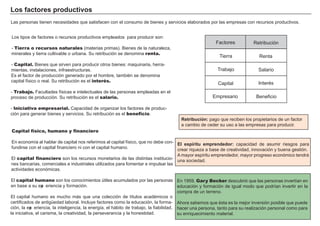 Los f a c t ores p rod u c t i vos
L as personas tienen necesidades que satisf acen con el consumo de bienes y servicios elaborados por las empresas con recursos productivos.
Ret ri b u c i ó n: pag o que reciben los propietarios de un f actor
a cambio de ceder su uso a las empresas para producir.
L os tipos de f actores o recursos productivos empleados para producir son:
- Tierra o recursos naturales ( materias primas) . B ienes de la naturaleza,
minerales y tierra cultivable o urbana. Su retribución se denomina renta.
- Capital. B ienes que sirven para producir otros bienes: maquinaria, h erra-
mientas, instalaciones, inf raestructuras.
Es el f actor de producción g enerado por el h ombre, también se denomina
capital f ísico o real. Su retribución es el interés.
- Trabajo. F acultades f ísicas e intelectuales de las personas empleadas en el
proceso de producción. Su retribución es el salario.
- Iniciativa empresarial. Capacidad de org anizar los f actores de produc-
ción para g enerar bienes y servicios. Su retribución es el beneficio.
El es p í ri t u em p rend ed or: capacidad de asumir riesg os para
crear riqueza a base de creatividad, innovación y buena g estión.
A mayor espíritu emprendedor, mayor prog reso económico tendrá
una sociedad.
FACTORES RETRIBUCIÓN
Tierra Renta
Trabajo Salario
Capital Interés
Empresario Beneficio
F actores Retribución
Tierra Renta
Trabajo Salario
Capital I nterés
Empresario B enef icio
Capital físico, humano y financiero
En economía al h ablar de capital nos ref erimos al capital f ísico, que no debe con-
f undirse con el capital f inanciero ni con el capital h umano.
El capital financiero son los recursos monetarios de las distintas institucio-
nes bancarias, comerciales e industriales utilizados para f omentar e impulsar las
actividades económicas.
El capital humano son los conocimientos útiles acumulados por las personas
en base a su exp eriencia y f ormación.
El capital h umano es much o má s que una colección de títulos académicos o
certif icados de antig ü edad laboral. I ncluye f actores como la educación, la f orma-
ción, la exp eriencia, la intelig encia, la energ ía, el h á bito de trabajo, la f iabilidad,
la iniciativa, el carisma, la creatividad, la perseverancia y la h onestidad.
En 1 9 5 9 , Gary Becker descubrió que las personas invertían en
educación y f ormación de ig ual modo que podrían invertir en la
compra de un terreno.
A h ora sabemos que ésta es la mejor inversión posible que puede
h acer una persona, tanto para su realización personal como para
su enriquecimiento material.
 