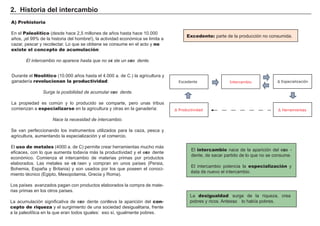 2. Hi s t ori a d el i nt erc a m b i o
A) Prehistoria
En el Paleolítico ( desde h ace 2 , 5 millones de añ os h asta h ace 1 0 . 0 0 0
añ os, ¡ el 9 9 % de la h istoria del h ombre! ) , la actividad económica se limita a
cazar, pescar y recolectar. L o que se obtiene se consume en el acto y no
existe el concepto de acumulación:
E l intercamb io no aparece h asta que no exi ste un exce dente.
Durante el Neolítico ( 1 0 . 0 0 0 añ os h asta el 4 . 0 0 0 a. de C. ) la ag ricultura y
g anadería revolucionan la productividad:
Surge la posib ilidad de acumular exce dente.
L a propiedad es común y lo producido se comparte, pero unas tribus
comienzan a especializarse en la ag ricultura y otras en la g anadería:
N ace la necesidad de intercamb io.
Se van perf eccionando los instrumentos utilizados para la caza, pesca y
ag ricultura, aumentando la especialización y el comercio.
El uso de metales ( 4 0 0 0 a. de C) permite crear h erramientas much o má s
ef icaces, con lo que aumenta todavía má s la productividad y el exce dente
económico. Comienza el intercambio de materias primas por productos
elaborados. L as metales se ext raen y compran en unos países ( Persia,
B oh emia, Españ a y B ritania) y son usados por los que poseen el conoci-
miento técnico ( Eg ipto, M esopotamia, Grecia y Roma) .
L os países avanzados pag an con productos elaborados la compra de mate-
rias primas en los otros países.
L a acumulación sig nif icativa de exce dente conlleva la aparición del con-
cepto de riqueza y el surg imiento de una sociedad desig ualitaria, f rente
a la paleolítica en la que eran todos ig uales: eso sí, ig ualmente pobres.
Excedente: parte de la producción no consumida.
FACTORES RETRIBUCIÓN
Tierra Renta
Trabajo Salario
Capital Interés
Empresario Beneficio
El intercambio nace de la aparición del exce -
dente, de sacar partido de lo que no se consume.
El intercambio potencia la especialización y
ésta de nuevo el intercambio.
L a desigualdad surg e de la riqueza, crea
pobres y ricos. A ntes…so lo h abía pobres.
Excedente
Δ Productividad Δ Herramientas
Intercambio Δ Especialización
 