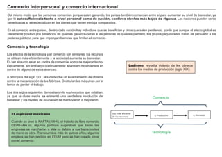 Com erc i o i nt erp ers ona l y c om erc i o i nt erna c i ona l
Del mismo modo que las personas comercian porque salen g anando, los países también comercian entre sí para aumentar su nivel de bienestar, ya
que la autosuficiencia tanto a nivel personal como de nación, conlleva niveles más bajos de riqueza. L as naciones pueden verse
benef iciadas si se especializan en los bienes que tienen ventaja comparativa.
En el comercio entre países, dentro cada nación h ay individuos que se benef ician y otros que salen perdiendo, por lo que aunque el ef ecto g lobal es
claramente positivo ( los benef icios de quienes g anan superan a las pérdidas de quienes pierden) , los g rupos perjudicados tratan de persuadir a los
poderes públicos para que impong an barreras que limiten el comercio. FACTORES RETRIBUCIÓN
Tierra Renta
Trabajo Salario
Capital Interés
Empresario Beneficio
Ludismo: revuelta violenta de los obreros
contra los medios de producción ( sig lo X I X ) .
El aspirador mexicano
Cuando se creó la N A F TA ( 1 9 9 4 ) , el tratado de libre comercio
EEUU- M éxi co, alg unos políticos aug uraban que todas las
empresas se march arían a M éxi co debido a sus bajos costes
de mano de obra. Transcurridos má s de quince añ os, alg unos
empleos se h an perdido en EEUU pero se h an creado otros
con el comercio.
Comercio
Δ Producción Δ ienestar
Tecnología
Uso más eficiente
de los recursos
Comercio y tecnología
L os ef ectos de la tecnolog ía y el comercio son similares: los recursos
se utilizan má s ef icientemente y la sociedad aumenta su bienestar.
Es tan absurdo estar en contra de comerciar como de mejorar tecno-
lóg icamente, sin embarg o continuamente aparecen movimientos en
contra de alg uno de estos avances.
A principios del sig lo X I X , el ludismo f ue un levantamiento de obreros
contra la mecanización de las f á bricas. Destruían las má quinas por el
temor de perder el trabajo.
L os dos sig los sig uientes demostraron lo equivocados que estaban,
ya que la clase media exp erimentó una verdadera revolución del
bienestar y los niveles de ocupación se mantuvieron o mejoraron.
 