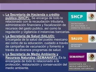  La Secretaria de Hacienda y crédito
publico (SHCP): Se encarga de todo lo
relacionado con la recaudación tributaria,
administración financiera y fiscalización de
recursos del gasto publico, así como la
regulación y vigilancia d instancias bancarias.
 La Secretaria de Salud (SALUD):
Encargada de la salud del pueblo mexicano
así como de su educación, cuidado a través
de campañas de vacunación y fomento a
través de diversos programas de salud.
 La Secretaria de Medio Ambiente y
Recursos Naturales (SEMANART): Es la
encargada de todo lo relacionado a la
protección, restauración y conservación del
medio ambiente.
 