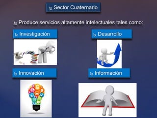  Sector Cuaternario
 Produce servicios altamente intelectuales tales como:
 Desarrollo Investigación
 Innovación  Información
 