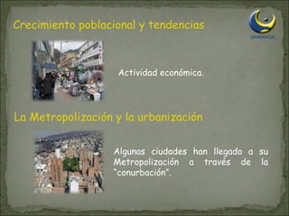 Crecimiento poblacional y tendencias Actividad económica. La Metropolización y la urbanización Algunas ciudades han llegado a su Metropolización a través de la “conurbación”. 