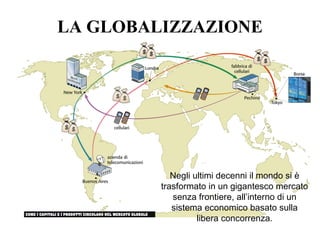 LA GLOBALIZZAZIONE
Negli ultimi decenni il mondo si è
trasformato in un gigantesco mercato
senza frontiere, all’interno di un
sistema economico basato sulla
libera concorrenza.
