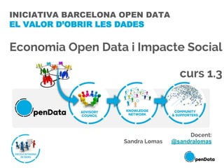 INICIATIVA BARCELONA OPEN DATA
EL VALOR D’OBRIR LES DADES
Economia Open Data i Impacte Social
curs 1.3
Docent:
Sandra Lomas @sandralomas
 