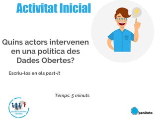 Quins actors intervenen
en una política des
Dades Obertes?
Escriu-los en els post-it
Temps: 5 minuts
Activitat Inicial
 