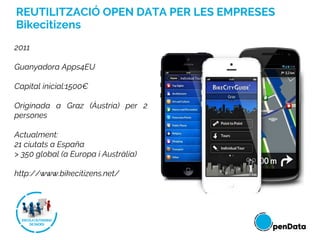 REUTILITZACIÓ OPEN DATA PER LES EMPRESES
Bikecitizens
2011
Guanyadora Apps4EU
Capital inicial:1500€
Originada a Graz (Àustria) per 2
persones
Actualment:
21 ciutats a España
> 350 global (a Europa i Austràlia)
http://www.bikecitizens.net/
 