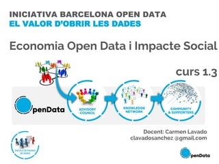 INICIATIVA BARCELONA OPEN DATA
EL VALOR D’OBRIR LES DADES
Economia Open Data i Impacte Social
curs 1.3
Docent: Carmen Lavado
clavadosanchez @gmail.com
 