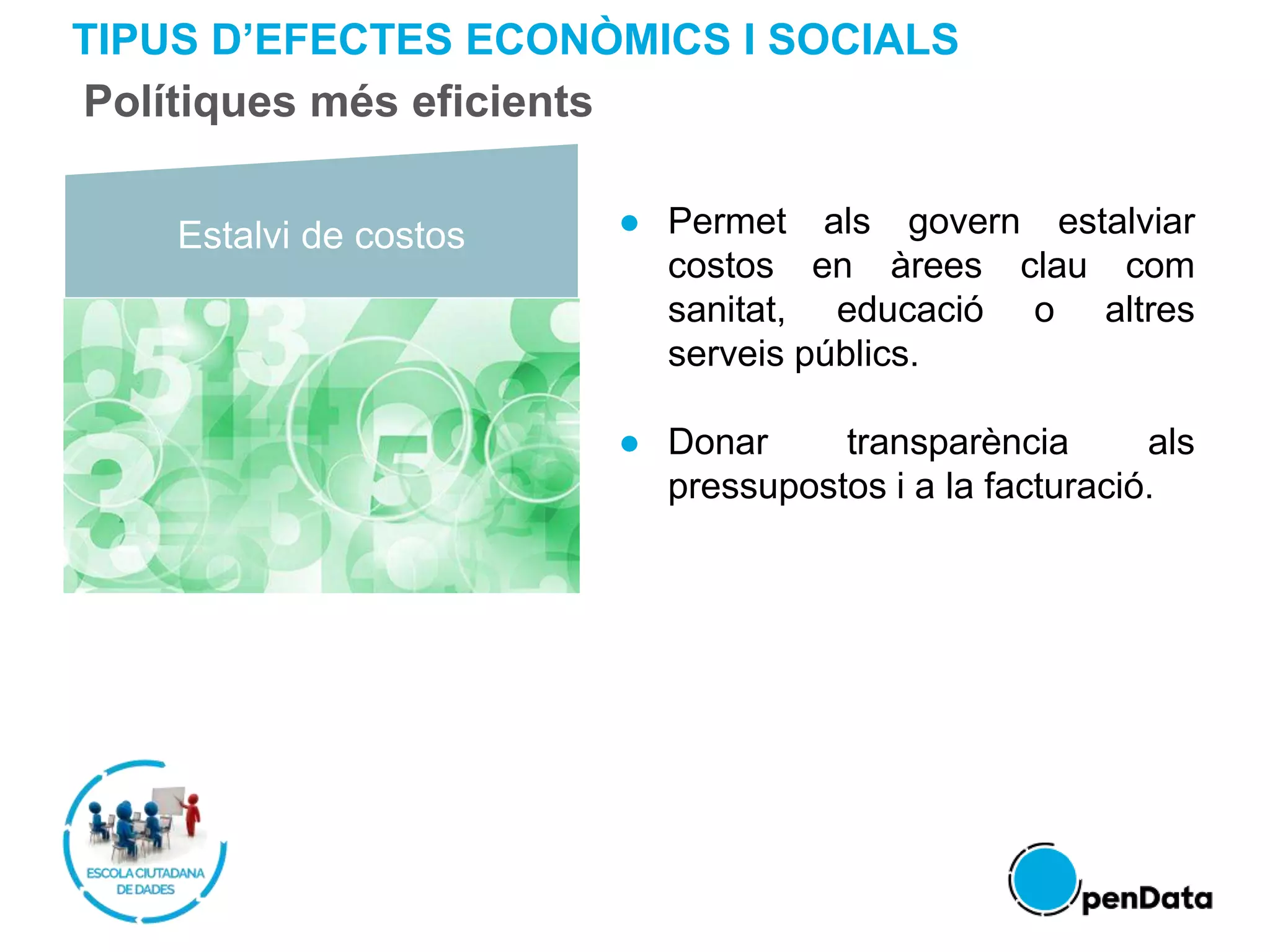 Estalvi de costos ● Permet als govern estalviar
costos en àrees clau com
sanitat, educació o altres
serveis públics.
● Donar transparència als
pressupostos i a la facturació.
TIPUS D’EFECTES ECONÒMICS I SOCIALS
Polítiques més eficients
 