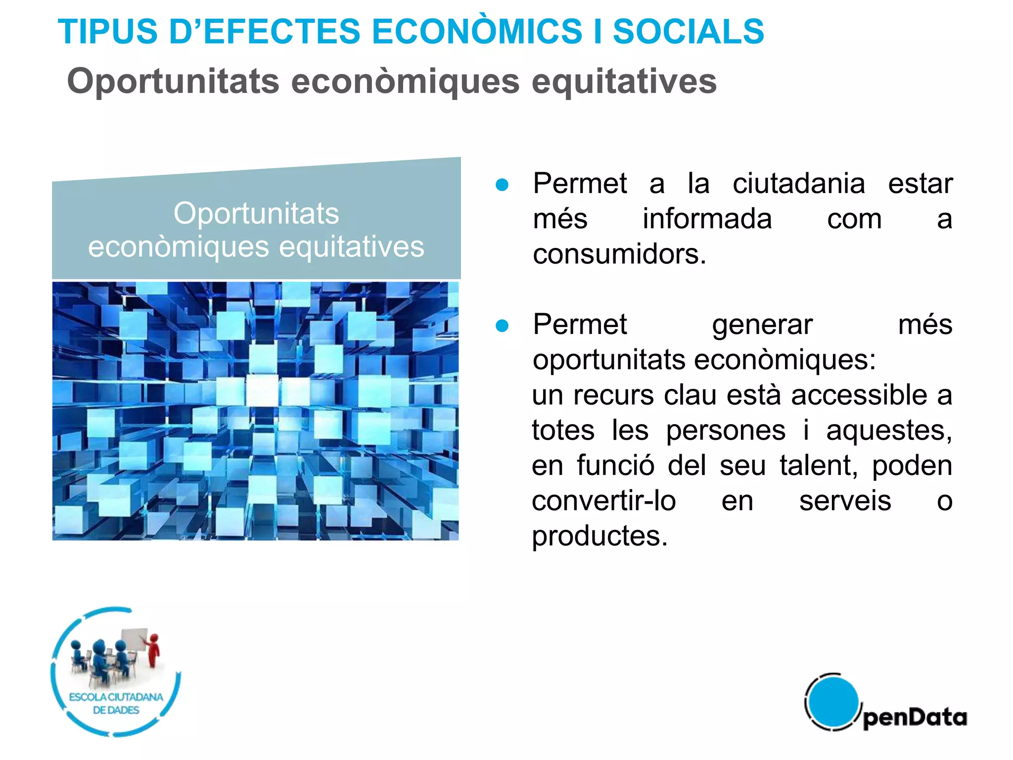 TIPUS D’EFECTES ECONÒMICS I SOCIALS
Oportunitats econòmiques equitatives
Oportunitats
econòmiques equitatives
● Permet a la ciutadania estar
més informada com a
consumidors.
● Permet generar més
oportunitats econòmiques:
un recurs clau està accessible a
totes les persones i aquestes,
en funció del seu talent, poden
convertir-lo en serveis o
productes.
 