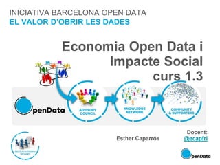 INICIATIVA BARCELONA OPEN DATA
EL VALOR D’OBRIR LES DADES
Economia Open Data i
Impacte Social
curs 1.3
Docent:
Esther Caparrós @ecapfri
 