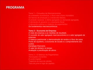 PROGRAMA Tema 1 – Conceitos de Macroeconomia  As entidades econômicas, o fluxo real e fluxo monetário. Os fatores de produção e a renda dos fatores. O produto nacional, a oferta agregada e a demanda agregada. A demanda do governo e o orçamento fiscal. A demanda externa e o balanço de pagamentos. Os fundamentos macroeconômicos.    Tema 2 – Economia de Empresa A meta da empresa e as medidas de resultado. O conceito de valor agregado macroeconômico e o valor agregado da empresa.  O balanço patrimonial, a demonstração de renda e o fluxo de caixa. Ponto de equilíbrio, a economia de escala e o comportamento dos custos. Estratégia financeira. O valor do dinheiro no tempo. Avaliação e precificação de ativos.    Tema 3 – O Balanço de Pagamentos Transações Correntes. A conta Capital. Trajetória da taxa de câmbio.  Taxa de juros e fuga de capitais. 