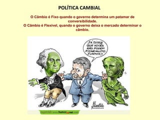 POLÍTICA CAMBIAL O Câmbio é Fixo quando o governo determina um patamar de conversibilidade. O Câmbio é Flexível, quando o governo deixa o mercado determinar o câmbio. 