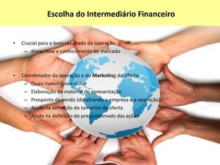 Escolha do Intermediário Financeiro Qualquer distribuição pública de ações tem que ser realizada por meio de uma instituição financeira: corretora de valores banco de investimento distribuidora 