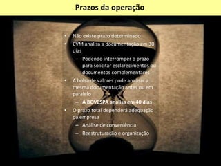 Custos da Manutenção Custos para a manutenção de uma empresa com capital aberto Auditoria independente,  Publicação de atos societários e de demonstrações financeiras,  Anuidades relativas à Bolsa de Valores,  Taxas de fiscalização da CVM,  Serviço de escrituração de ações Área de relações com investidores 