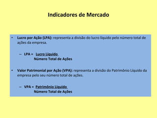 Indicadores de Mercado A comparação pura e simples dos preços das ações individuais de diferentes empresas não tem lógica, pois o que interessa é o valor de mercado/bolsa da empresa, que depende da quantidade de ações negociáveis X o preço das ações VALOR DE MERCADO DE UMA EMPRESA Valor de mercado = (cotação das ações ordinárias x quantidade de ações ordinárias emitidas) + (cotação das ações preferenciais x quantidade de ações preferenciais emitidas) 