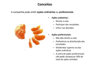 Ações ordinárias: Direito a voto Participar dos resultados Influir nas decisões Ações preferenciais: Não dão direito a voto Preferência na distribuição dos resultados Dividendos superior ao das ações ordinárias A soma de ações preferenciais não pode ultrapassar 50% do total de ações emitidas Conceitos A companhia pode emitir  ações ordinárias  ou  preferenciais 