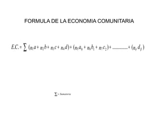 FORMULA DE LA ECONOMIA COMUNITARIA
∑ ++++++++= )(..............)()(.. 2716054321 βµ dncnbnandncnbnanCE
∑= Sumatoria
Donde:
E. C. = Economía Comunitaria
n =Cantidad producida
a = Ingresos por Papa
b= Ingresos por Quinua
c= Ingresos por Llama
d= Ingresos por Artesanía
 