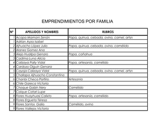 Nº APELLIDOS Y NOMBRES RUBROS
1 Acapa Mamani Zenón Papa, quinua, cebada, ovino, camel, artsn
1 Adrían Ayza Isabel
2 Ajhuacho López Julio Papa, quinua, cebada, ovino, camélido
2 Alanez Gomez Ana
3 Alejo Huallpa Genaro Papa, cañahua
3 Cadima Luna Alicia
4 Calizaya Pally Vidal Papa, artesanía, camélido
4 Cardozo Olguin Genara
5 Cayoja Calizaya Vidal Papa, quinua, cebada, ovino. camel, artsn
5 Challapa Ajhuacho Constantina
6 Chanbi Checa Porfirio Artesanía
6 Chile Gareca Victoria
7 Choque Galzin Nery Camélido
7 Colque Catari Lupe
8 Flores Huayhuasi Calixto Papa, artesanía, camélido
8 Flores Ergueta Téresa
9 Flores Santos Galio Camélido, ovino
9 Flores Vallejos Victoria
EMPRENDIMIENTOS POR FAMILIA
 