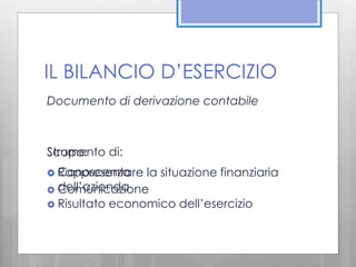 IL BILANCIO D’ESERCIZIO 
Documento di derivazione contabile 
Strumento di: 
Scopo: 
Rappresentare la situazione finanziaria 
dell’azienda 
 Conoscenza 
 Comunicazione 
 Risultato economico dell’esercizio 
 