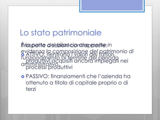 Lo stato patrimoniale 
È la parte del bilancio che mette in 
evidenza la composizione del patrimonio di 
funzionamento al termine del periodo 
amministrativo. 
Prospetto a sezioni contrapposte: 
 ATTIVO: rientrano i valori dei fattori 
produttivi acquisiti ancora impiegati nei 
processi produttivi 
 PASSIVO: finanziamenti che l’azienda ha 
ottenuto a titolo di capitale proprio o di 
terzi 
 