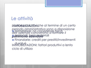 Le attività 
I IMMOBILIZZAZIONI: 
fattori produttivi che al termine di un certo 
periodo amministrativo sono a disposizione 
 Immateriali: no consistenza fisica 
dell’azienda concorrono a formare il 
patrimonio  Materiali: aziendale 
beni materiali 
 Finanziarie: crediti per prestiti/investimenti 
duraturi 
IMMOBILITAZIONI: fattori produttivi a lento 
ciclo di utilizzo 
 