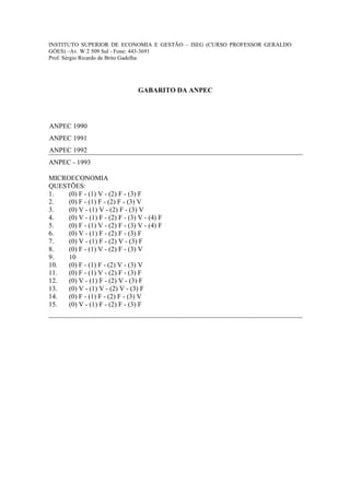 INSTITUTO SUPERIOR DE ECONOMIA E GESTÃO – ISEG (CURSO PROFESSOR GERALDO
GÓES) –Av. W 2 509 Sul - Fone: 443-3691
Prof. Sérgio Ricardo de Brito Gadelha




                                 GABARITO DA ANPEC




ANPEC 1990
ANPEC 1991
ANPEC 1992
ANPEC - 1993

MICROECONOMIA
QUESTÕES:
1.   (0) F - (1) V - (2) F - (3) F
2.   (0) F - (1) F - (2) F - (3) V
3.   (0) V - (1) V - (2) F - (3) V
4.   (0) V - (1) F - (2) F - (3) V - (4) F
5.   (0) F - (1) V - (2) F - (3) V - (4) F
6.   (0) V - (1) F - (2) F - (3) F
7.   (0) V - (1) F - (2) V - (3) F
8.   (0) F - (1) V - (2) F - (3) V
9.   10
10.  (0) F - (1) F - (2) V - (3) V
11.  (0) F - (1) V - (2) F - (3) F
12.  (0) V - (1) F - (2) V - (3) F
13.  (0) V - (1) V - (2) V - (3) F
14.  (0) F - (1) F - (2) F - (3) V
15.  (0) V - (1) F - (2) F - (3) F
 