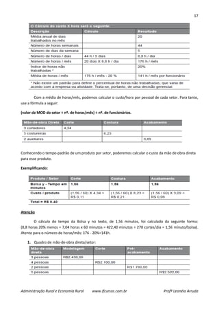 17
Administração Rural e Economia Rural www.ifcursos.com.br Profª Leonéia Arruda
Com a média de horas/mês, podemos calcular o custo/hora por pessoal de cada setor. Para tanto,
use a fórmula a seguir:
(valor da MOD do setor ÷ nº. de horas/mês) ÷ nº. de funcionários.
Conhecendo o tempo-padrão de um produto por setor, poderemos calcular o custo da mão de obra direta
para esse produto.
Exemplificando:
Atenção
O cálculo do tempo da Bolsa y no texto, de 1,56 minutos, foi calculado da seguinte forma:
(8,8 horas 20% menos = 7,04 horas x 60 minutos = 422,40 minutos ÷ 270 cortes/dia = 1,56 minuto/bolsa).
Atente para o número de horas/mês: 176 - 20%=141h.
1. Quadro de mão-de-obra direta/setor:
 