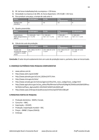 18
Administração Rural e Economia Rural www.ifcursos.com.br Profª Leonéia Arruda
2. Nº. de horas trabalhadas/mês na empresa = 176 horas.
3. Ociosidade na empresa é de 20%. As horas disponíveis: 176 X 0,80 = 141 hora
4. Para produzir uma peça, o tempo de cada setor é:
5. Quadro preenchido:
6. Cálculo do custo de produção:
Conclusão: O setor de pré-acabamento tem um custo de produção maior e, portanto, deve ser terceirizado.
8. ENDEREÇO ELETRÔNICO PARA PESQUISA COMPLEMENTAR
www.sebrae.com.br
http://www.abnt.org.br/cb38/
http://www.planalto.gov.br/ccivil_03/leis/L4771.htm
http://www.mma.gov.br/sitio/
http://www.senado.gov.br/noticias/agencia/infos/info_novo_codigo/novo_codigo.html
http://www.agricultura.gov.br/arq_editor/file/Ministerio/Plano%20Agr%C3%ADcola%20e%20Pecu
%C3%A1rio/Plano_Agricola2011-2012%20-%20ATUALIZADO.pdf
http://www.cpao.embrapa.br/publicacoes/online/zip/COT2011168.pdf
9.PRINCIPAIS FONTES DE PESQUISA:
 Produção doméstica - MAPA / Conab;
 Consumo – ABIC;
 Exportação – CECAFÉ;
 Produção / exportação mundial – OIC;
 Preços – BM&F / Cepea (ESALQ).
 Embrapa
 