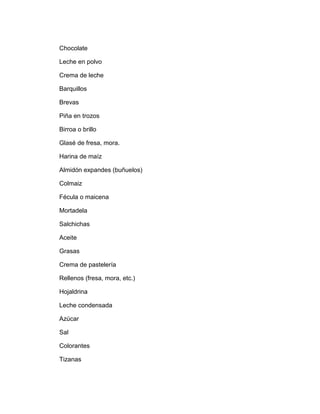 Chocolate

Leche en polvo

Crema de leche

Barquillos

Brevas

Piña en trozos

Birroa o brillo

Glasé de fresa, mora.

Harina de maíz

Almidón expandes (buñuelos)

Colmaiz

Fécula o maicena

Mortadela

Salchichas

Aceite

Grasas

Crema de pastelería

Rellenos (fresa, mora, etc.)

Hojaldrina

Leche condensada

Azúcar

Sal

Colorantes

Tizanas
 