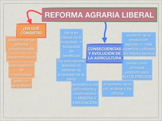 REFORMA AGRARIA LIBERAL
        ¿EN QUÉ
       CONSISTIÓ         tierra en
                                                                  aumento de la
                       manos de la
abolición de los                                                   producción
                       burguesía →
    señoríos                                                     agrícola ← más
                        búsqueda
jurisdiccionales                          CONSECUENCIAS superﬁcie cultivada
                             de
                                          Y EVOLUCIÓN DE sin mejora técnica
desamortización         beneﬁcios
                                          LA AGRICULTURA
                     los cultivadores
                                                                  cereal como
desvinculación          directos no
                                                                    principal
      de                obtienen la
                                                                producto pero
 mayorazgos          propiedad de la
                                                              ALTOS PRECIOS
                           tierra
   abolición
  de la Mesta                 persistencia del dinamismo de la
                                latifundismo y   vid, el olivar y los
                                minifundismo           cítricos
                                → MISERIA Y
                               EMIGRACIÓN
 