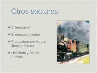 Otros sectores
El ferrocarril

El mercado interior

Proteccionismo versus
librecambismo

Hacienda y Deuda
Pública
 
