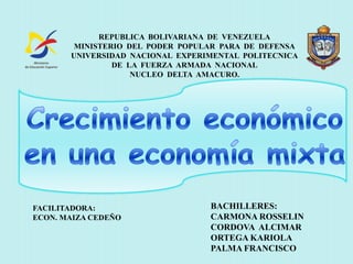 REPUBLICA BOLIVARIANA DE VENEZUELA
MINISTERIO DEL PODER POPULAR PARA DE DEFENSA
UNIVERSIDAD NACIONAL EXPERIMENTAL POLITECNICA
DE LA FUERZA ARMADA NACIONAL
NUCLEO DELTA AMACURO.

FACILITADORA:
ECON. MAIZA CEDEÑO

BACHILLERES:
CARMONA ROSSELIN
CORDOVA ALCIMAR
ORTEGA KARIOLA
PALMA FRANCISCO

 