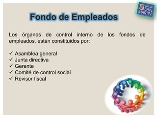 Fondo de Empleados
Los órganos de control interno de los fondos de
empleados, están constituidos por:
 Asamblea general
 Junta directiva
 Gerente
 Comité de control social
 Revisor fiscal
 