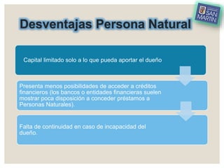 Desventajas Persona Natural
Capital limitado solo a lo que pueda aportar el dueño
Presenta menos posibilidades de acceder a créditos
financieros (los bancos o entidades financieras suelen
mostrar poca disposición a conceder préstamos a
Personas Naturales).
Falta de continuidad en caso de incapacidad del
dueño.
 