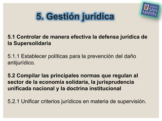 5. Gestión jurídica
5.1 Controlar de manera efectiva la defensa jurídica de
la Supersolidaria
5.1.1 Establecer políticas para la prevención del daño
antijurídico.
5.2 Compilar las principales normas que regulan al
sector de la economía solidaria, la jurisprudencia
unificada nacional y la doctrina institucional
5.2.1 Unificar criterios jurídicos en materia de supervisión.
 
