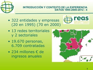 INTRODUCCIÓN Y CONTEXTO DE LA EXPERIENCIA
DATOS 1995-2000-2012 - 4

• 322 entidades y empresas
(20 en 1995) (70 en 2000)
• 13 redes territoriales
y 2 sectoriales
• 19.670 personas,
6.709 contratadas
• 234 millones € de
ingresos anuales

5

 