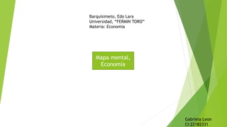 Gabriela Leon
CI:22182331
Mapa mental,
Economía
Barquisimeto, Edo Lara
Universidad, “FERMIN TORO”
Materia: Economia
 