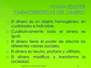 1) El dinero es un objeto homogéneo, sin
cualidades e indivisible.
2) Cualitativamente todo el dinero es
igual.
3) El dinero tiene el poder de afectar los
diferentes valores sociales.
4) El dinero es neutro, profano y utilitario.
5) El dinero modifica y transforma la
sociedad.
15ELABORÓ: PSIC. JORGE TOLEDO TREVIÑO
 
