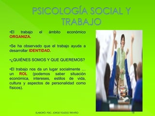 •El trabajo el ámbito económico
ORGANIZA.
•Se ha observado que el trabajo ayuda a
desarrollar IDENTIDAD.
•¿QUIÉNES SOMOS Y QUE QUEREMOS?
•El trabajo nos da un lugar socialmente …
un ROL (podemos saber situación
económica, intereses, estilos de vida,
cultura y aspectos de personalidad como
físicos).
18ELABORÓ: PSIC. JORGE TOLEDO TREVIÑO
 
