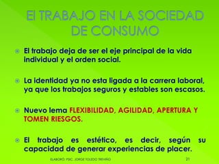  El trabajo deja de ser el eje principal de la vida
individual y el orden social.
 La identidad ya no esta ligada a la carrera laboral,
ya que los trabajos seguros y estables son escasos.
 Nuevo lema FLEXIBILIDAD, AGILIDAD, APERTURA Y
TOMEN RIESGOS.
 El trabajo es estético, es decir, según su
capacidad de generar experiencias de placer.
21ELABORÓ: PSIC. JORGE TOLEDO TREVIÑO
 
