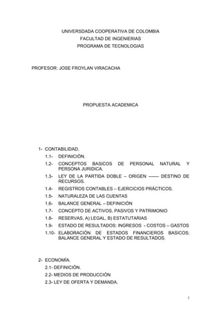 UNIVERSDADA COOPERATIVA DE COLOMBIA
                     FACULTAD DE INGENIERIAS
                  PROGRAMA DE TECNOLOGIAS



PROFESOR: JOSE FROYLAN VIRACACHA




                       PROPUESTA ACADEMICA




  1- CONTABILIDAD.
    1.1-   DEFINICIÓN.
    1.2-   CONCEPTOS BASICOS       DE   PERSONAL   NATURAL   Y
           PERSONA JURIDICA.
    1.3-   LEY DE LA PARTIDA DOBLE – ORIGEN ------- DESTINO DE
           RECURSOS.
    1.4-   REGISTROS CONTABLES – EJERCICIOS PRÁCTICOS.
    1.5-   NATURALEZA DE LAS CUENTAS
    1.6-   BALANCE GENERAL – DEFINICIÓN
    1.7-   CONCEPTO DE ACTIVOS, PASIVOS Y PATRIMONIO
    1.8-   RESERVAS, A) LEGAL, B) ESTATUTARIAS
    1.9-   ESTADO DE RESULTADOS: INGRESOS - COSTOS – GASTOS
    1.10- ELABORACIÓN DE ESTADOS FINANCIEROS BASICOS;
          BALANCE GENERAL Y ESTADO DE RESULTADOS.



  2- ECONOMÍA.
    2.1- DEFINICIÓN.
    2.2- MEDIOS DE PRODUCCIÓN
    2.3- LEY DE OFERTA Y DEMANDA.


                                                             1
 