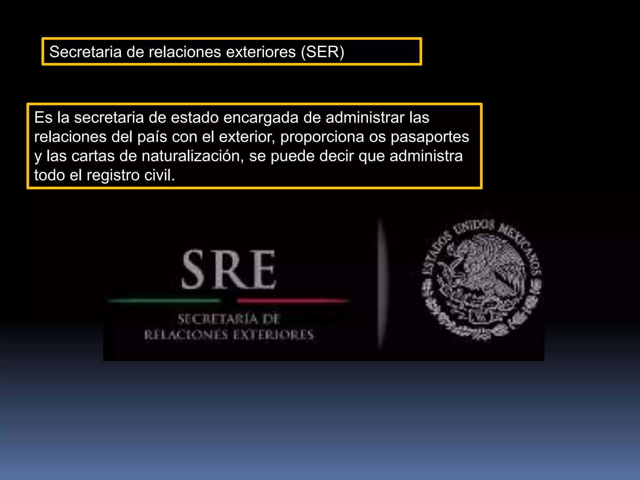 Secretaria de relaciones exteriores (SER)
Es la secretaria de estado encargada de administrar las
relaciones del país con el exterior, proporciona os pasaportes
y las cartas de naturalización, se puede decir que administra
todo el registro civil.
 