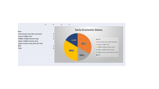 4 3 2 1
Poor
Low-Income class (but not poor) 2
Lower-middle class 1
Middle middle-income class 2
Upper middle-income class
Upper income class (but not rich)
Rich 1
Total 6
2, 33%
1, 17%
2, 33%
1, 17%
Socio Economic Status
Poor
Low-Income class (but not poor)
Lower-middle class
Middle middle-income class
Upper middle-income class
Upper income class (but not rich)
Rich
 