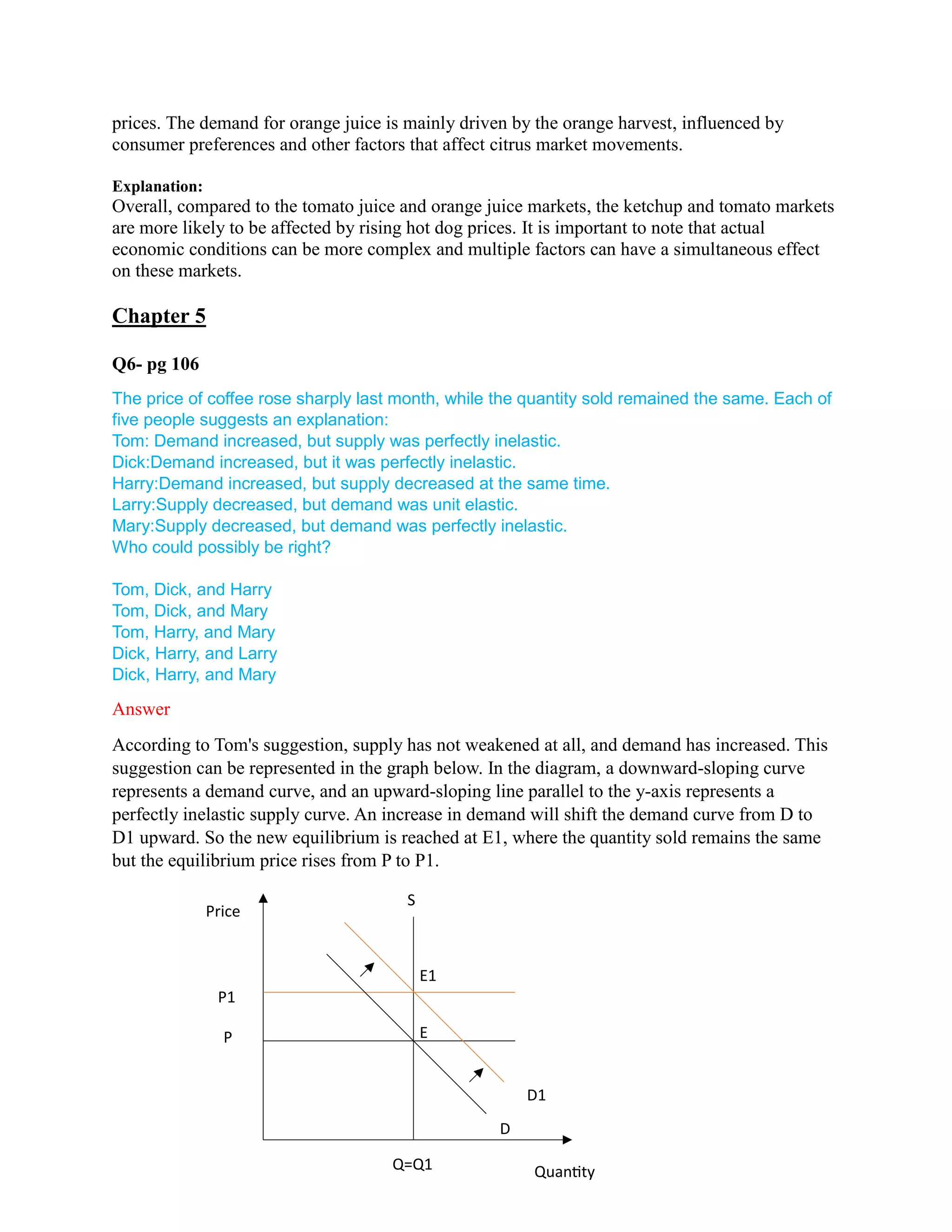 prices. The demand for orange juice is mainly driven by the orange harvest, influenced by
consumer preferences and other factors that affect citrus market movements.
Explanation:
Overall, compared to the tomato juice and orange juice markets, the ketchup and tomato markets
are more likely to be affected by rising hot dog prices. It is important to note that actual
economic conditions can be more complex and multiple factors can have a simultaneous effect
on these markets.
Chapter 5
Q6- pg 106
The price of coffee rose sharply last month, while the quantity sold remained the same. Each of
five people suggests an explanation:
Tom: Demand increased, but supply was perfectly inelastic.
Dick:Demand increased, but it was perfectly inelastic.
Harry:Demand increased, but supply decreased at the same time.
Larry:Supply decreased, but demand was unit elastic.
Mary:Supply decreased, but demand was perfectly inelastic.
Who could possibly be right?
Tom, Dick, and Harry
Tom, Dick, and Mary
Tom, Harry, and Mary
Dick, Harry, and Larry
Dick, Harry, and Mary
Answer
According to Tom's suggestion, supply has not weakened at all, and demand has increased. This
suggestion can be represented in the graph below. In the diagram, a downward-sloping curve
represents a demand curve, and an upward-sloping line parallel to the y-axis represents a
perfectly inelastic supply curve. An increase in demand will shift the demand curve from D to
D1 upward. So the new equilibrium is reached at E1, where the quantity sold remains the same
but the equilibrium price rises from P to P1.
S
D
E
E1
P1
Q=Q1 Quantity
Price
P
D1
 
