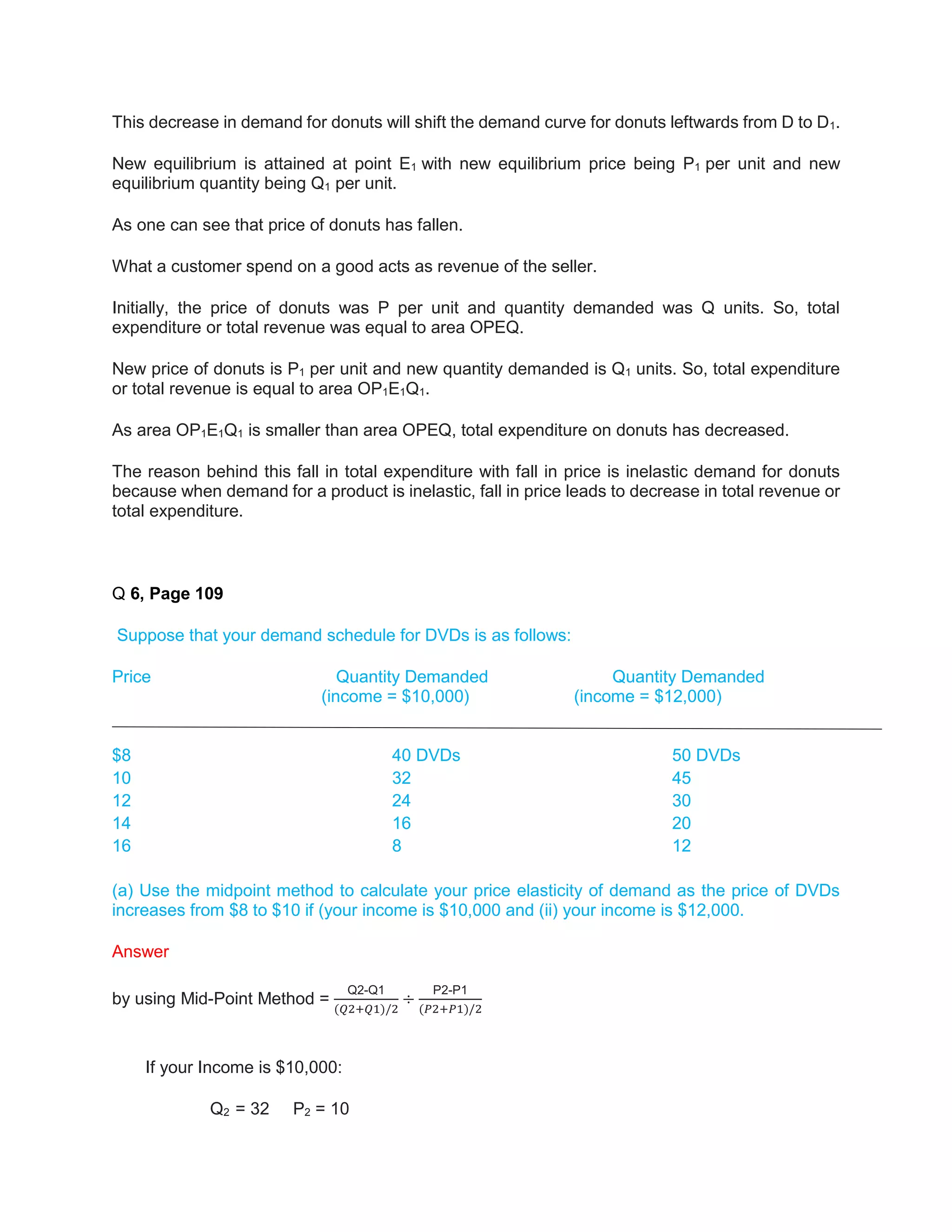 This decrease in demand for donuts will shift the demand curve for donuts leftwards from D to D1.
New equilibrium is attained at point E1 with new equilibrium price being P1 per unit and new
equilibrium quantity being Q1 per unit.
As one can see that price of donuts has fallen.
What a customer spend on a good acts as revenue of the seller.
Initially, the price of donuts was P per unit and quantity demanded was Q units. So, total
expenditure or total revenue was equal to area OPEQ.
New price of donuts is P1 per unit and new quantity demanded is Q1 units. So, total expenditure
or total revenue is equal to area OP1E1Q1.
As area OP1E1Q1 is smaller than area OPEQ, total expenditure on donuts has decreased.
The reason behind this fall in total expenditure with fall in price is inelastic demand for donuts
because when demand for a product is inelastic, fall in price leads to decrease in total revenue or
total expenditure.
Q 6, Page 109
Suppose that your demand schedule for DVDs is as follows:
Price Quantity Demanded Quantity Demanded
(income = $10,000) (income = $12,000)
$8 40 DVDs 50 DVDs
10 32 45
12 24 30
14 16 20
16 8 12
(a) Use the midpoint method to calculate your price elasticity of demand as the price of DVDs
increases from $8 to $10 if (your income is $10,000 and (ii) your income is $12,000.
Answer
by using Mid-Point Method =
Q2-Q1
(𝑄2+𝑄1)/2
÷
P2-P1
(𝑃2+𝑃1)/2
If your Income is $10,000:
Q2 = 32 P2 = 10
 