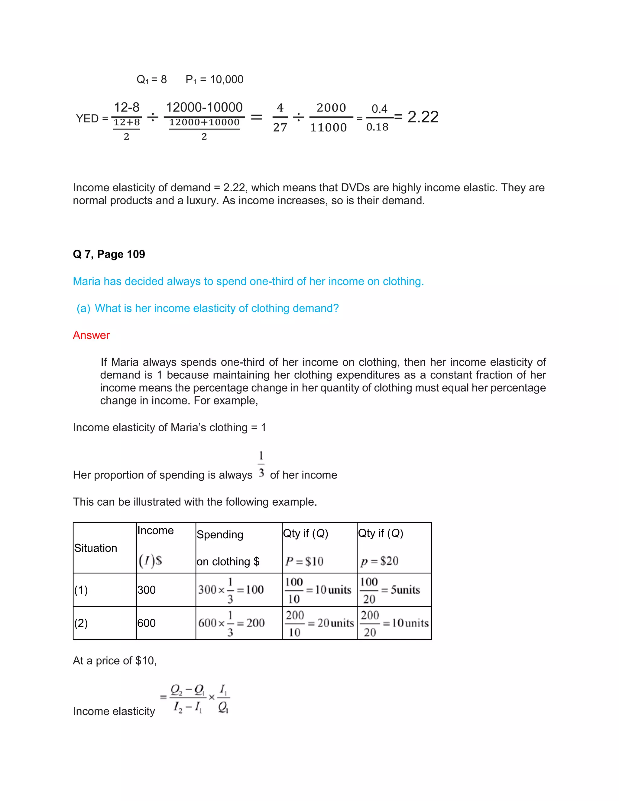 Q1 = 8 P1 = 10,000
YED =
12-8
12+8
2
÷
12000-10000
12000+10000
2
=
4
27
÷
2000
11000
=
0.4
0.18
= 2.22
Income elasticity of demand = 2.22, which means that DVDs are highly income elastic. They are
normal products and a luxury. As income increases, so is their demand.
Q 7, Page 109
Maria has decided always to spend one-third of her income on clothing.
(a) What is her income elasticity of clothing demand?
Answer
If Maria always spends one-third of her income on clothing, then her income elasticity of
demand is 1 because maintaining her clothing expenditures as a constant fraction of her
income means the percentage change in her quantity of clothing must equal her percentage
change in income. For example,
Income elasticity of Maria’s clothing = 1
Her proportion of spending is always of her income
This can be illustrated with the following example.
Situation
Income Spending
on clothing $
Qty if (Q) Qty if (Q)
(1) 300
(2) 600
At a price of $10,
Income elasticity
 