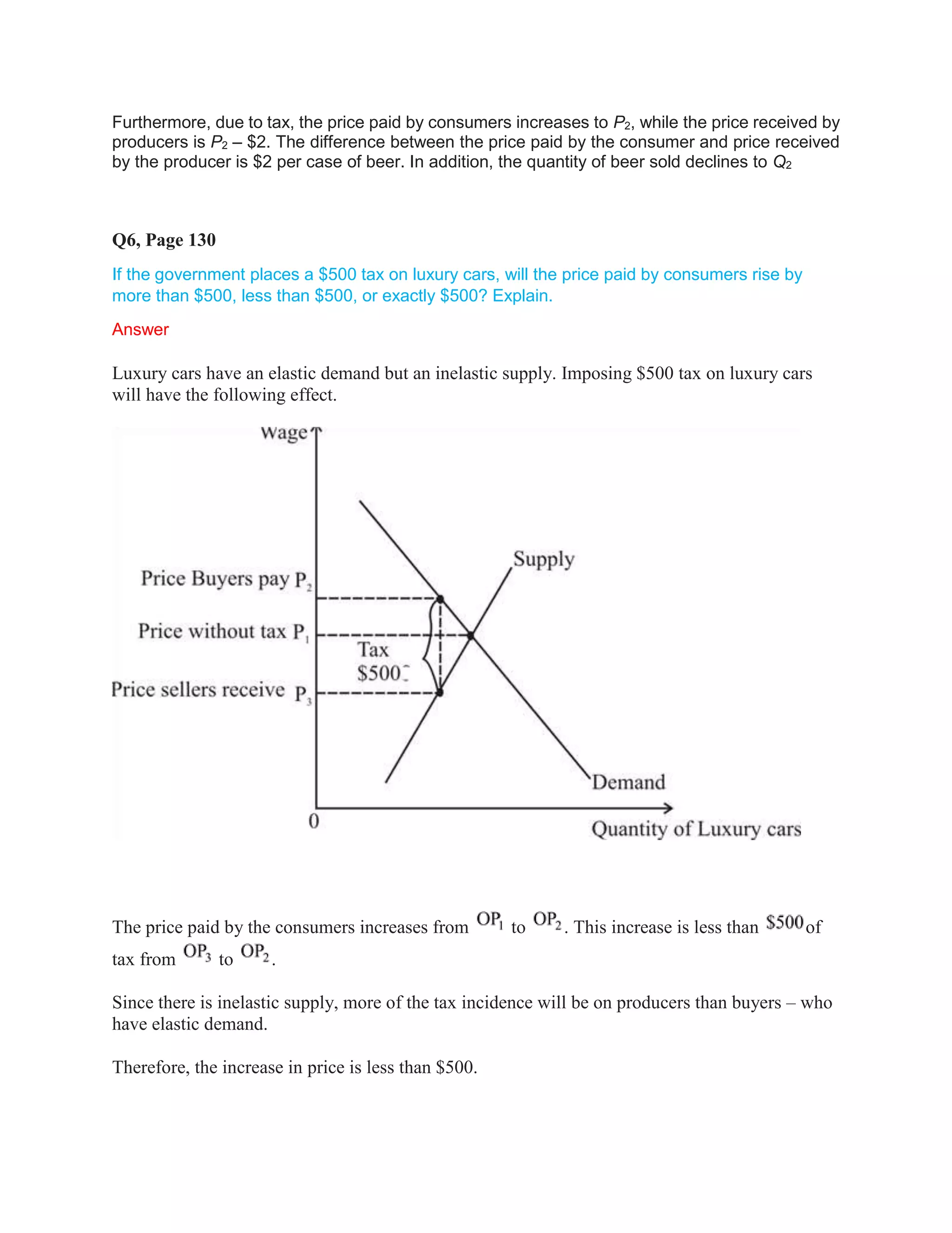 Furthermore, due to tax, the price paid by consumers increases to P2, while the price received by
producers is P2 – $2. The difference between the price paid by the consumer and price received
by the producer is $2 per case of beer. In addition, the quantity of beer sold declines to Q2
Q6, Page 130
If the government places a $500 tax on luxury cars, will the price paid by consumers rise by
more than $500, less than $500, or exactly $500? Explain.
Answer
Luxury cars have an elastic demand but an inelastic supply. Imposing $500 tax on luxury cars
will have the following effect.
The price paid by the consumers increases from to . This increase is less than of
tax from to .
Since there is inelastic supply, more of the tax incidence will be on producers than buyers – who
have elastic demand.
Therefore, the increase in price is less than $500.
 