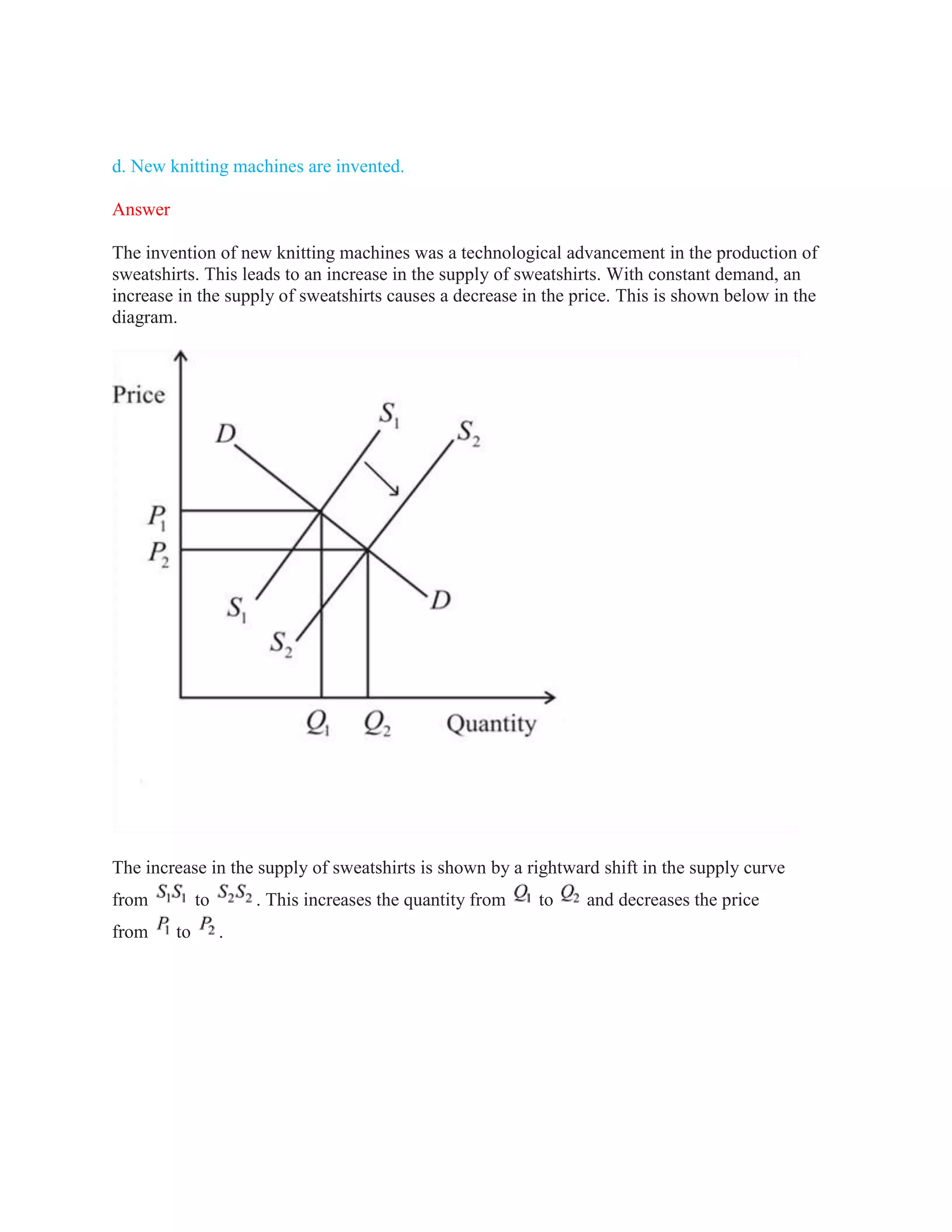d. New knitting machines are invented.
Answer
The invention of new knitting machines was a technological advancement in the production of
sweatshirts. This leads to an increase in the supply of sweatshirts. With constant demand, an
increase in the supply of sweatshirts causes a decrease in the price. This is shown below in the
diagram.
The increase in the supply of sweatshirts is shown by a rightward shift in the supply curve
from to . This increases the quantity from to and decreases the price
from to .
 