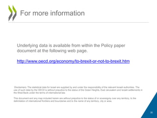 35
For more information
Underlying data is available from within the Policy paper
document at the following web page.
Disclaimers: The statistical data for Israel are supplied by and under the responsibility of the relevant Israeli authorities. The
use of such data by the OECD is without prejudice to the status of the Golan Heights, East Jerusalem and Israeli settlements in
the West Bank under the terms of international law.
This document and any map included herein are without prejudice to the status of or sovereignty over any territory, to the
delimitation of international frontiers and boundaries and to the name of any territory, city or area.
http://www.oecd.org/economy/the-economic-consequences-of-brexit-a-taxing-decision.htm
 